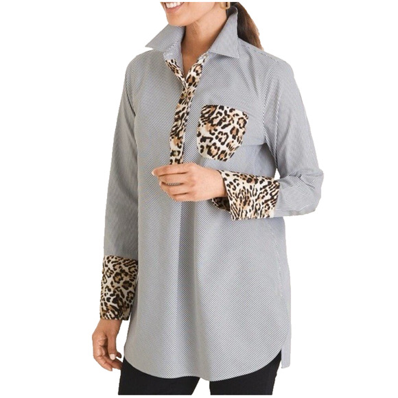 Chico’s No Iron Striped Animal Print Popover Tunic Top Size M 1 Button Up V Neck - Picture 1 of 11